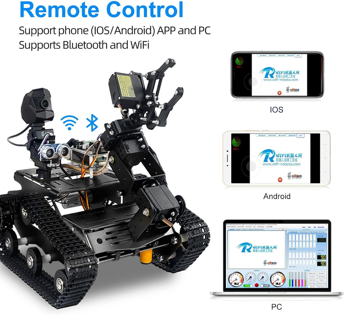 Smart Wifi Robot Kit for Raspberry Pi 5 4B 3B, 4DOF Robotic Arm Track Tank Chassis Robot Car with HD Camera Ultrasonic Infrared Sensor Programming Project for 14+(Without Raspberry Pi)
