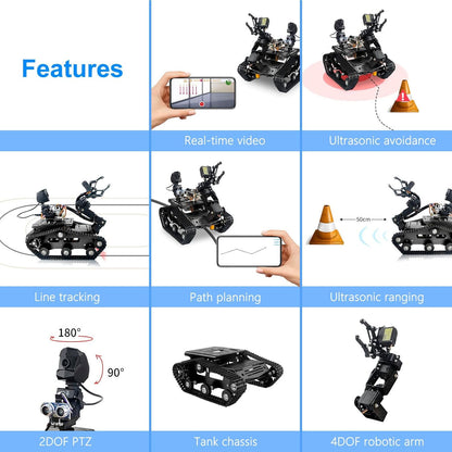 Smart Wifi Robot Kit for Raspberry Pi 5 4B 3B, 4DOF Robotic Arm Track Tank Chassis Robot Car with HD Camera Ultrasonic Infrared Sensor Programming Project for 14+(Without Raspberry Pi)