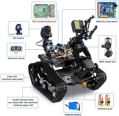 Smart Wifi Robot Kit for Raspberry Pi 5 4B 3B, 4DOF Robotic Arm Track Tank Chassis Robot Car with HD Camera Ultrasonic Infrared Sensor Programming Project for 14+(Without Raspberry Pi)